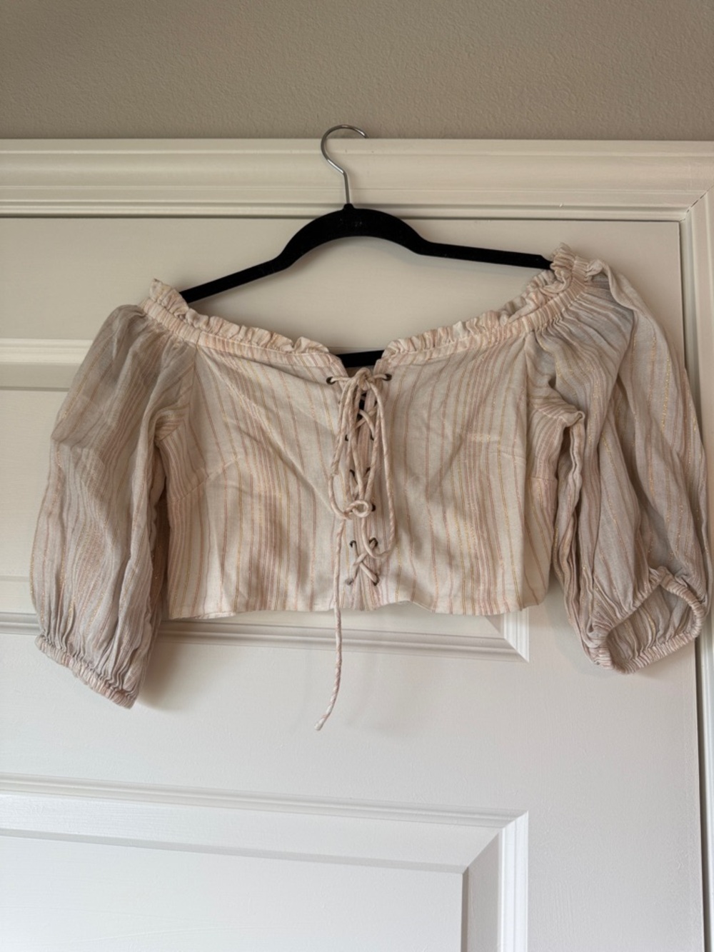 MAJORELLE Cream Stripe Off-Shoulder Lace-Up Crop Top